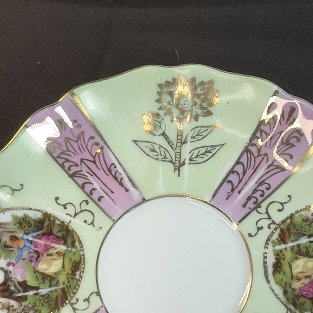 Vtg Fragonard Courting Couple Tea Cup Saucer Lime Green Pink AS-IS Shabby Chic - Picture 7 of 16